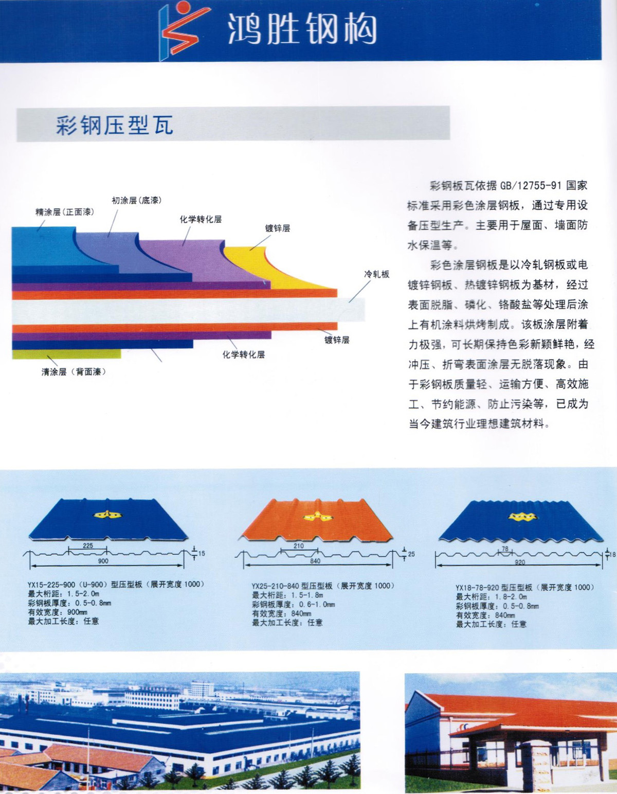 彩鋼板瓦依據(jù) GB/12755-91 國家標準采用彩色涂層鋼板，通過專用設(shè)備壓型生產(chǎn)。主要用于屋面、墻面防水保溫等。 彩色涂層鋼板是以冷軋鋼板或電鍍鋅鋼板、熱鍍鋅鋼板為基材，經(jīng)過表面脫脂、磷化、鉻酸鹽等處理后涂上有機涂料烘烤制成。該板涂層附著力極強，可長期保持色彩新穎鮮艷，經(jīng)沖壓、折彎表面涂層無脫落現(xiàn)象。由于彩鋼板質(zhì)量輕、運輸方便、高效施工、節(jié)約能源、防止污染等，已成為當今建筑行業(yè)理想建筑材料。